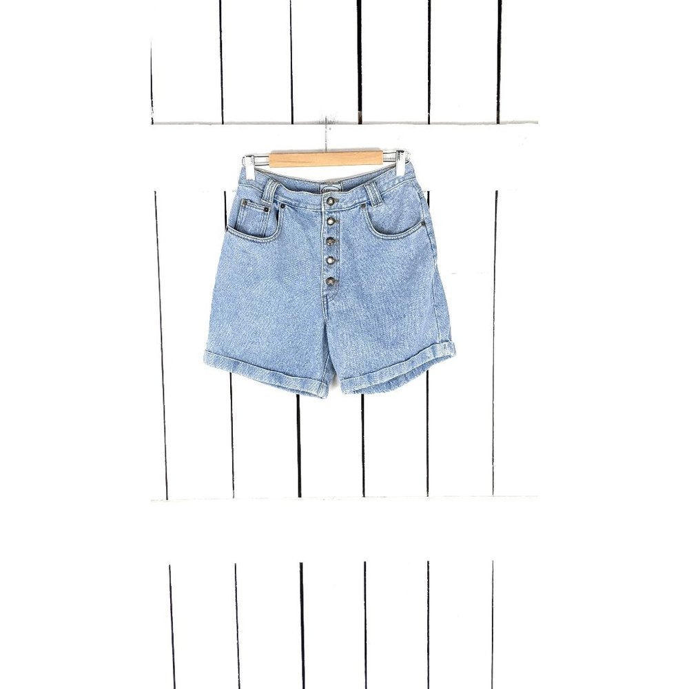 Vintage Bugle Boy for her high waisted blue button down cuffed denim shorts
